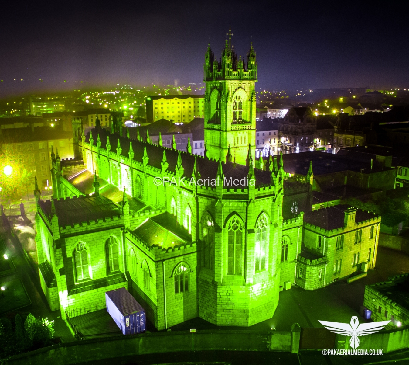 Newry Cathedral illuminated green to celebrate St Patrick’s day.